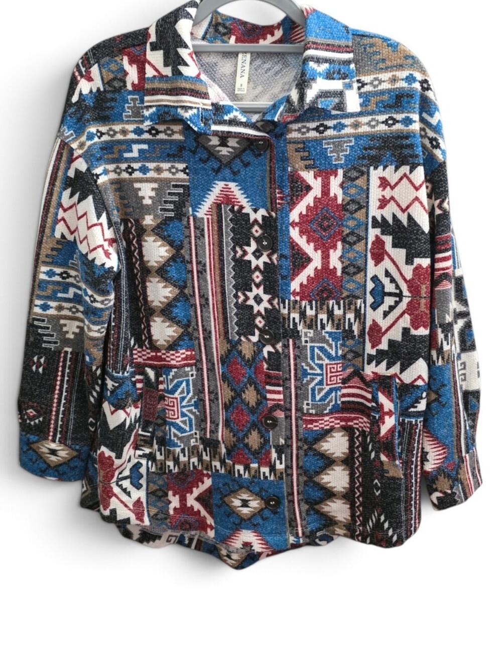 Zenana Outfitters Aztec-Style Button Front Shacket in Blue & Red